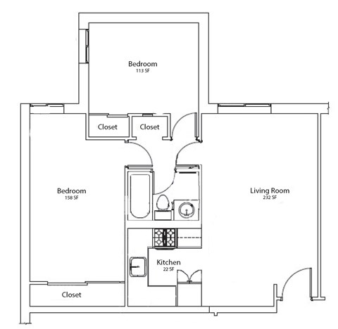 A floor plan of a small apartment with two bedrooms, a living room, and a kitchen.
